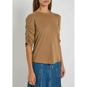 Veronica Beard Waldorf Ruched Pima Cotton 3/4 Sleeve Tee — Stone Khaki Small